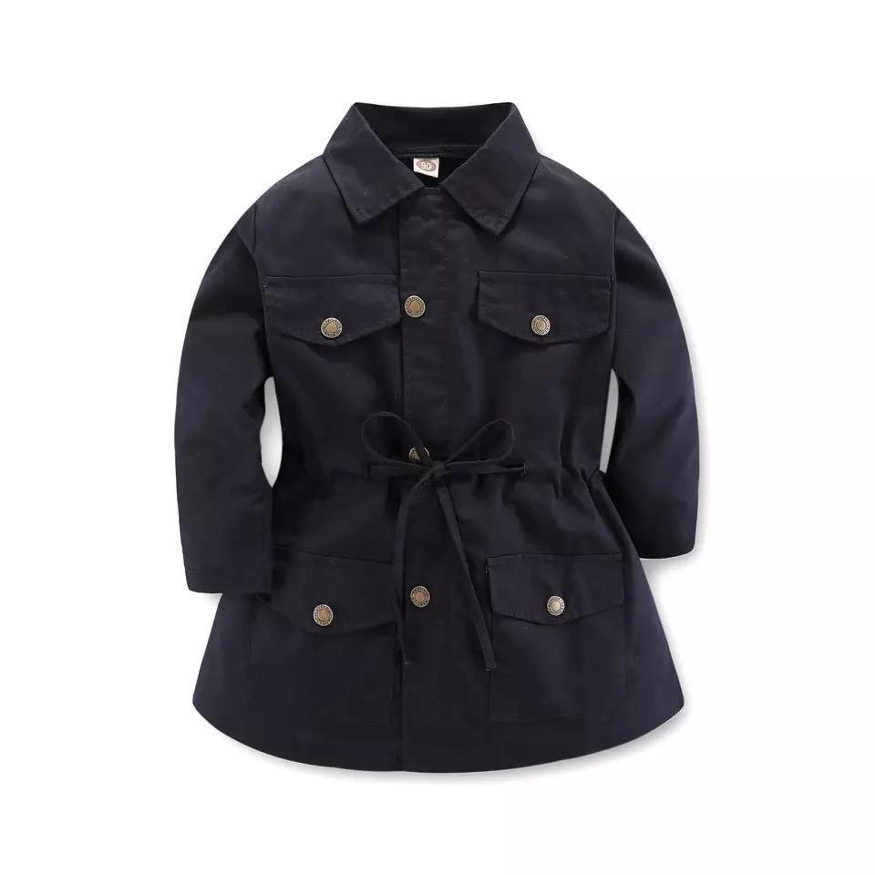 Baby Girl Lapel Horn Long Sleeve Windbreaker Coat Black
