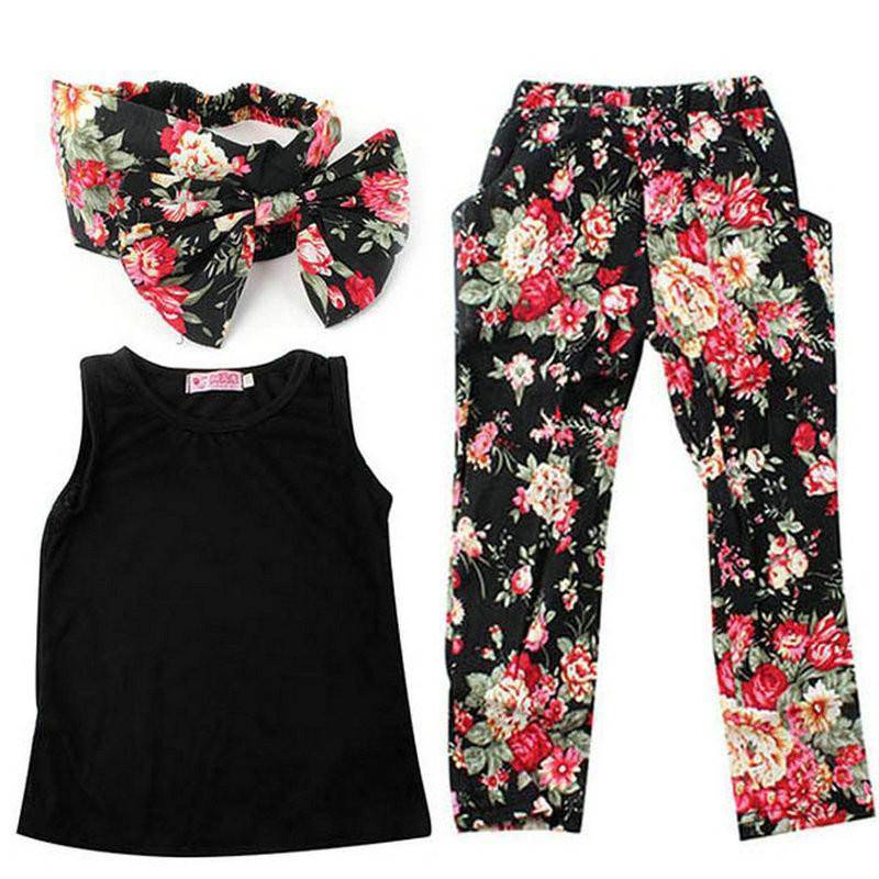 Floral Girls Top Sleeveless Headband Pant Outfit