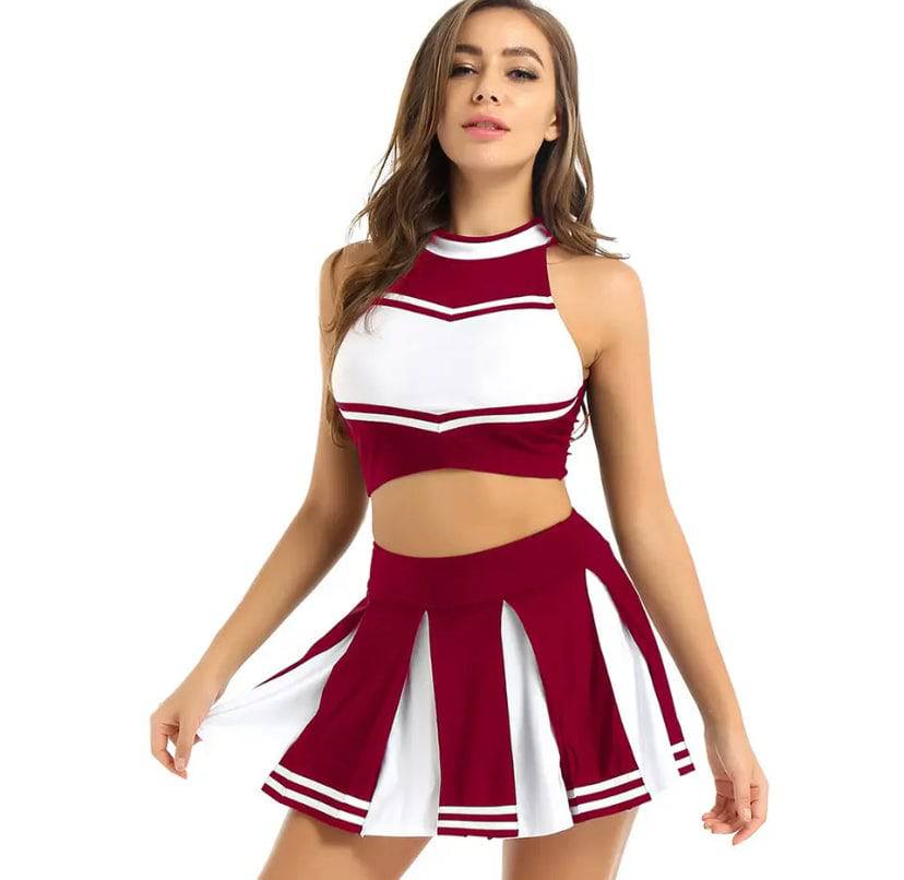 Women Cheerleader Uniform Costume Wine Red