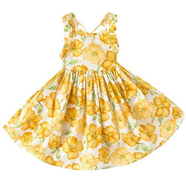Summer Baby Girls Backless Vintage Floral Party Dress Yellow