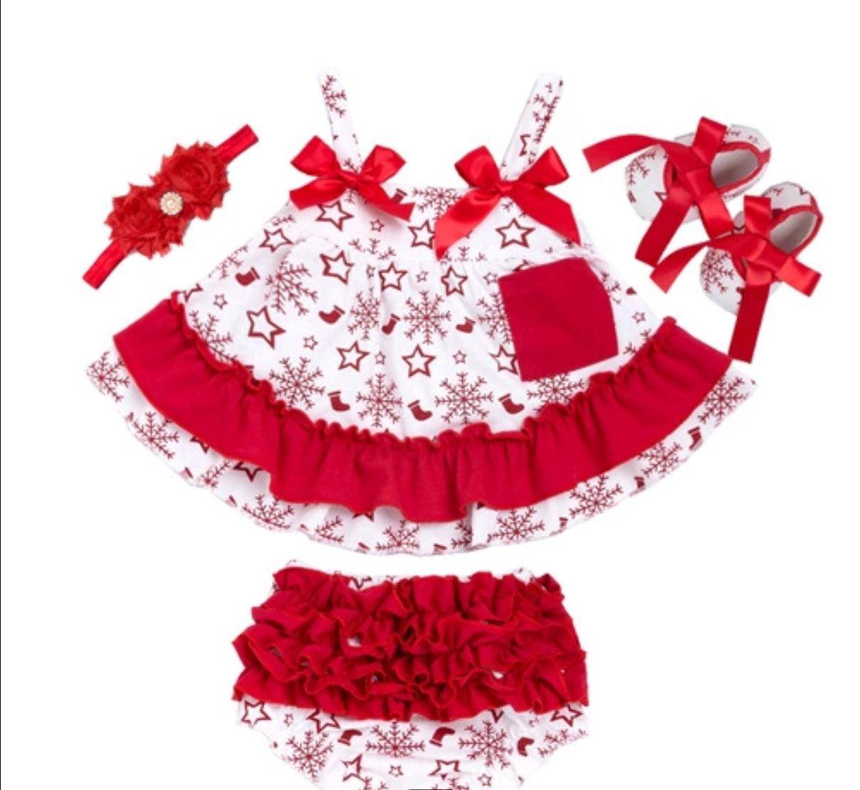 Summer Style Baby Girls Ruffle Outfit With Headband Red