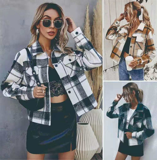 Women Plaid Pocket Jacket Lapel Collar Shirt