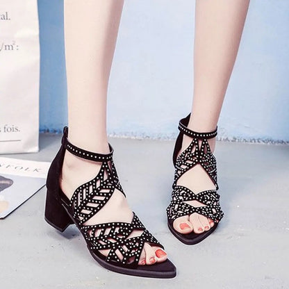 New Women Hallow Out Faux Heel Zipper Sandals