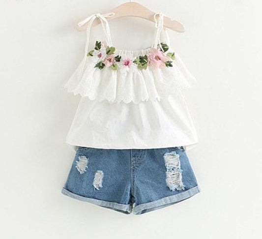 Baby Girls Bow Lace Sling Shirt Denim Shorts Bump baby and beyond