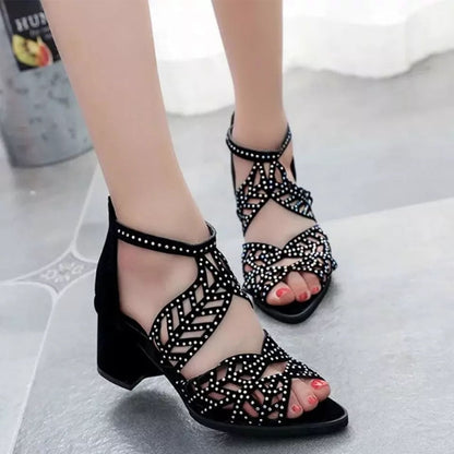 New Women Hallow Out Faux Heel Zipper Sandals