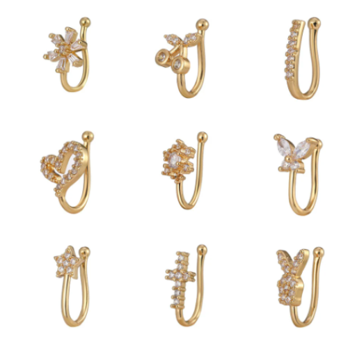 Women Teens Gold Silver Plated Crystal Ear Cuff Fake Nose Ring