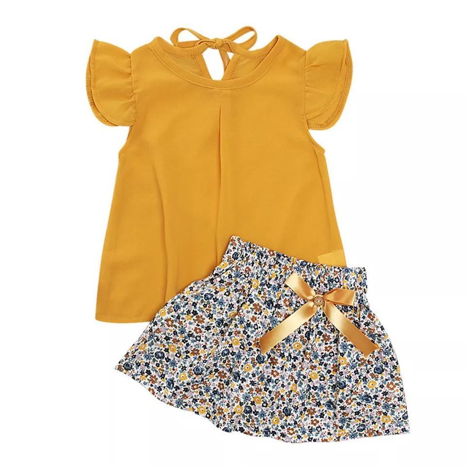 Fashion Girls Ruffled Bow Tops+Skirt Outfit Bump baby and beyond