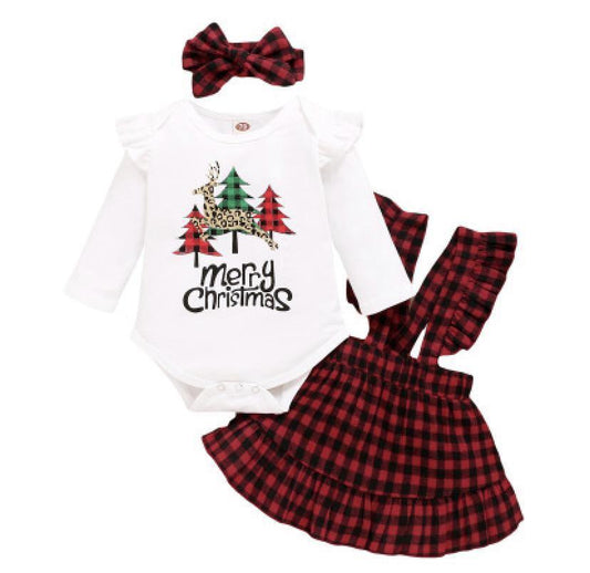 Toddler Girls Christmas Tree Print Top Plaid Sling Skirt Red