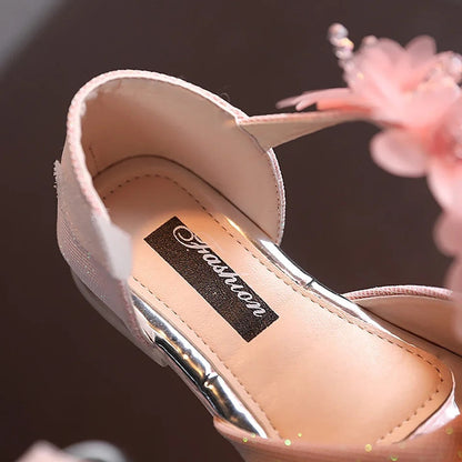 Girls Flower Rhinestone Low Heel Shoes
