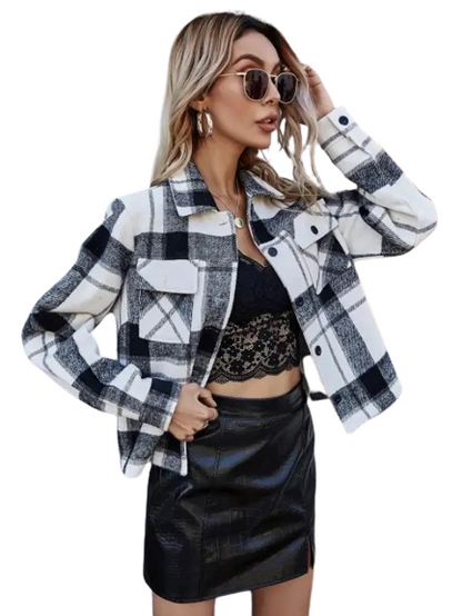 Women Plaid Pocket Jacket Lapel Collar Shirt