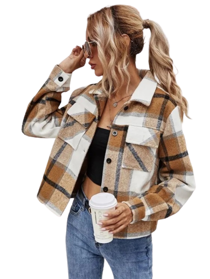 Women Plaid Pocket Jacket Lapel Collar Shirt