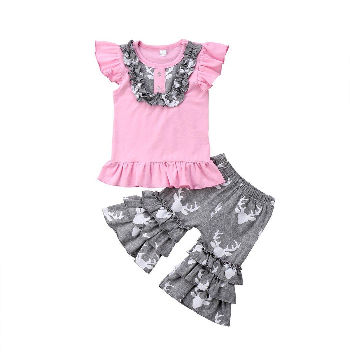 Kids Girl Pink Tops Deer Ruffle Pants Bump baby and beyond