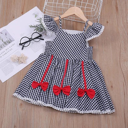 Summer Girls Plaid Bow Lace Sling Sleeve Party Dress Bump baby and beyond