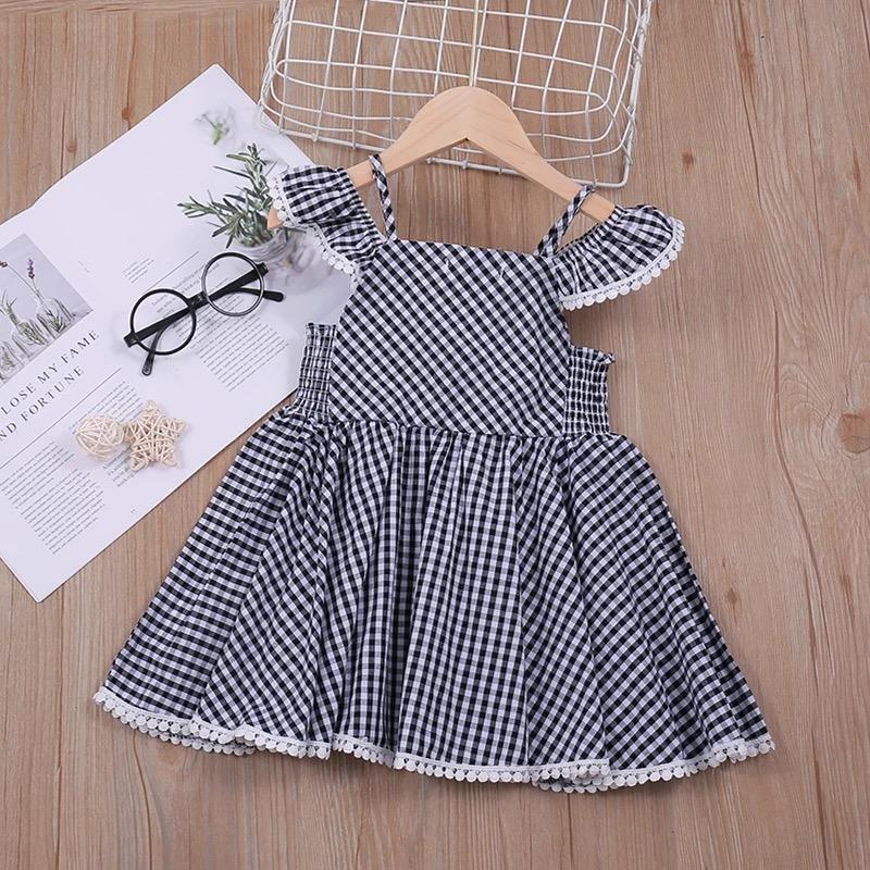 Summer Girls Plaid Bow Lace Sling Sleeve Party Dress Bump baby and beyond