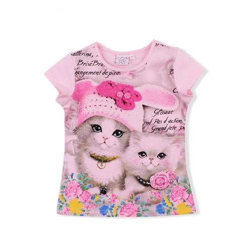 Summer Kid Girls Cartoon Cutie Cats Short Sleeve Tops Tees Bump baby and beyond