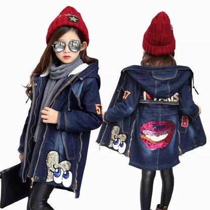 Warm Winter Kid Girl  Denim Jacket Velvet Hooded Outwear Bump baby and beyond