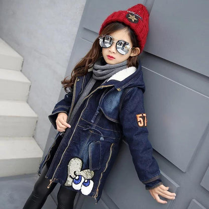 Warm Winter Kid Girl  Denim Jacket Velvet Hooded Outwear Bump baby and beyond