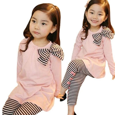 New Girls Style Bow Knot Long Sleeve Striped Leggings Clothes