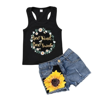 Kids Girl Sleeveless Vest Tops Sunflower Be Kind Be Sweet Short Pants