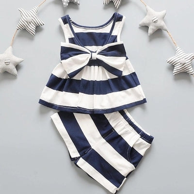 Girls Bow Tie Stripe Sleeveless Dresses With Short Pant Clothes