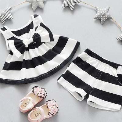 Girls Bow Tie Stripe Sleeveless Dresses With Short Pant Clothes