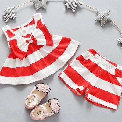 Girls Bow Tie Stripe Sleeveless Dresses With Short Pant Clothes
