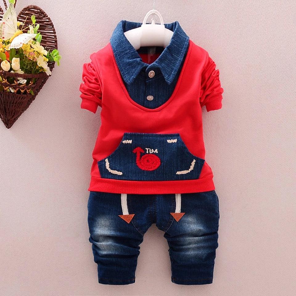 Baby Boy Outfit Red Grey Jacket Denim Pants Bump baby and beyond