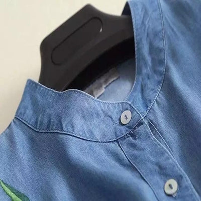 Embroidered Soft Jeans Shirt Dress Women Loose Button Up Dress